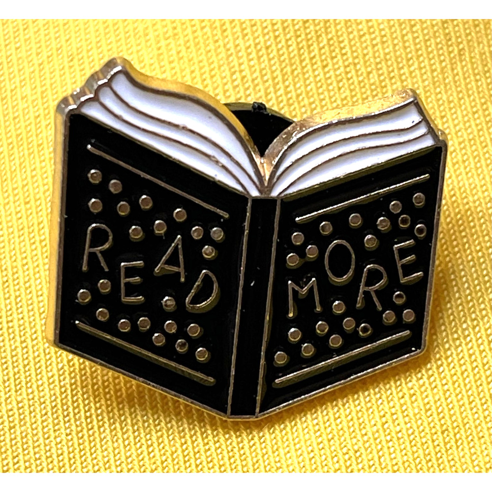 NWOT Read More Book Brooch Lapel Pin Enamel Black Gold Toned Reading Bookish